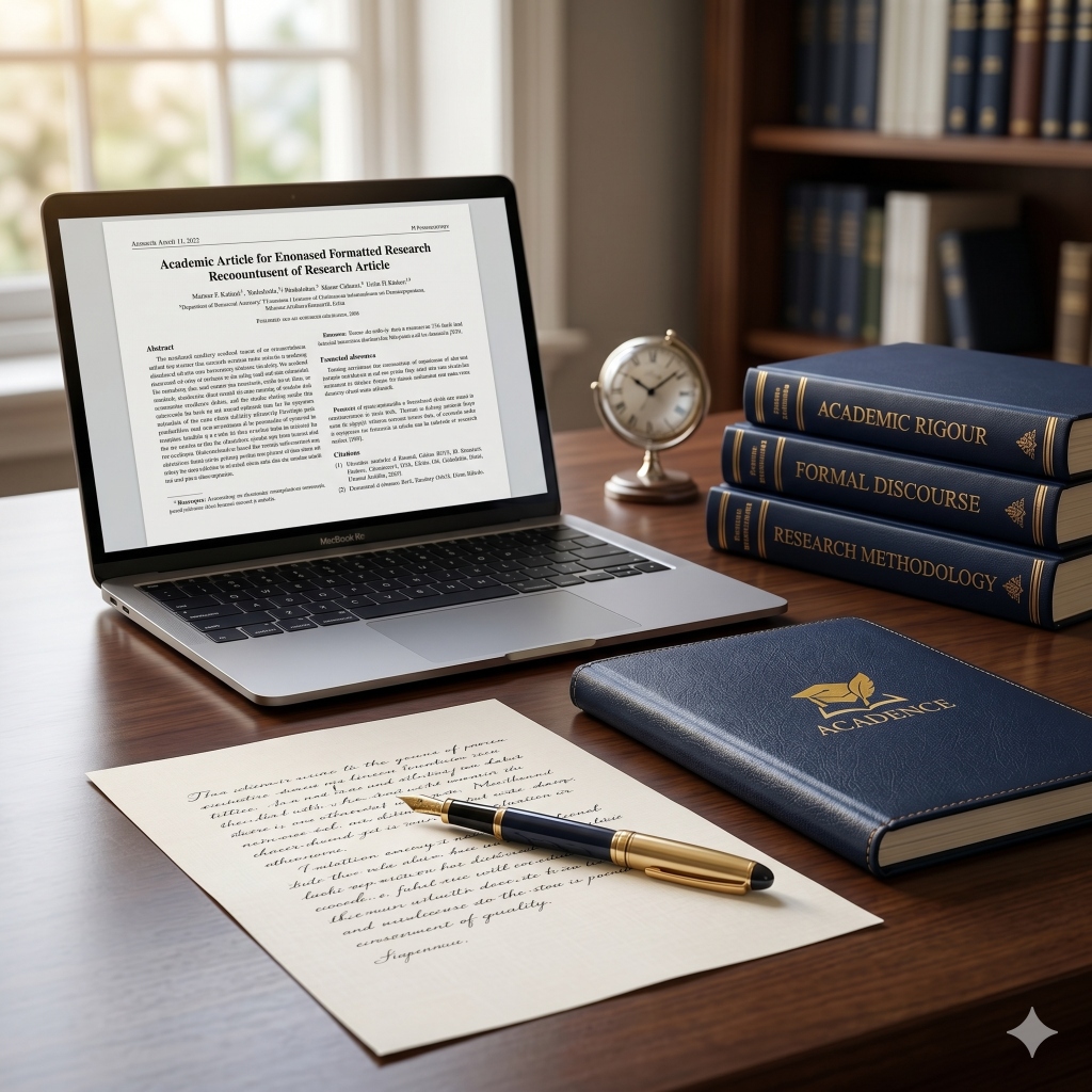 Scholarly desk with academic volumes, fountain pen and research manuscript